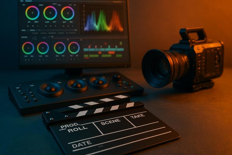Color grading software interface displaying cinematic footage adjustment for filmmaking techniques