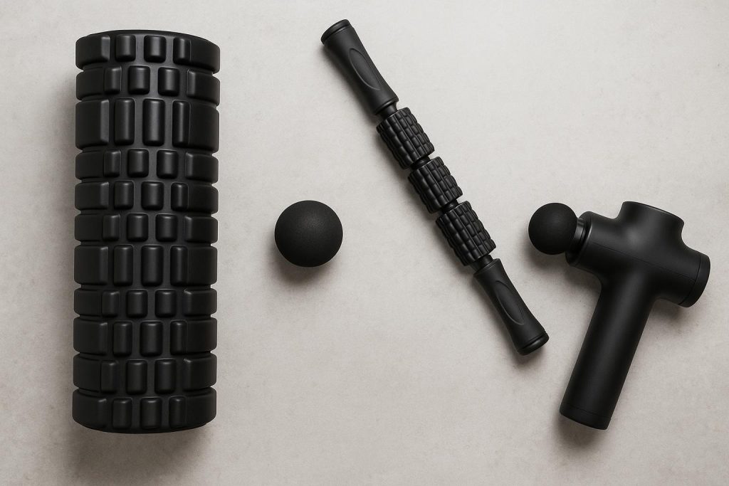 Foam roller, massage gun, resistance bands, and compression sleeves for muscle recovery