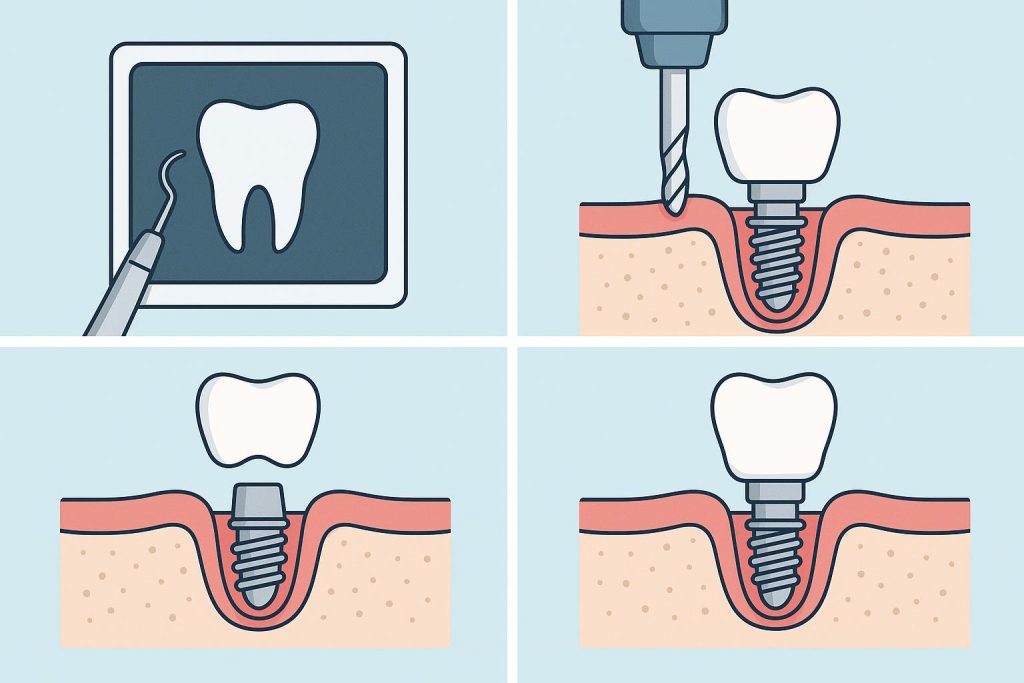 Dental implant procedure showing step-by-step process with tools and artificial tooth placement