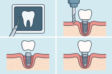 Dental implant procedure showing step-by-step process with tools and artificial tooth placement