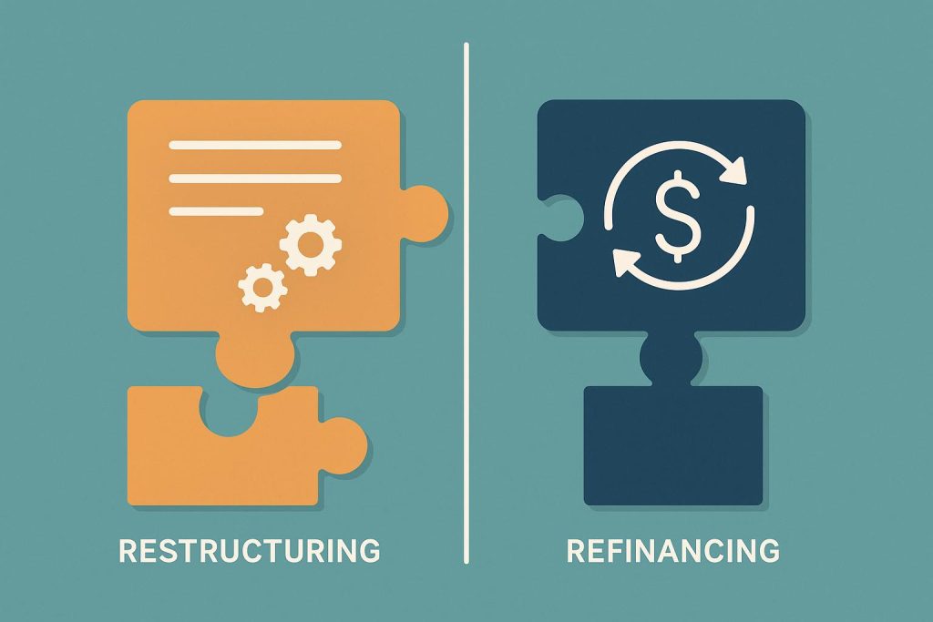 Business restructuring vs refinancing concept with financial charts and balance sheets comparison