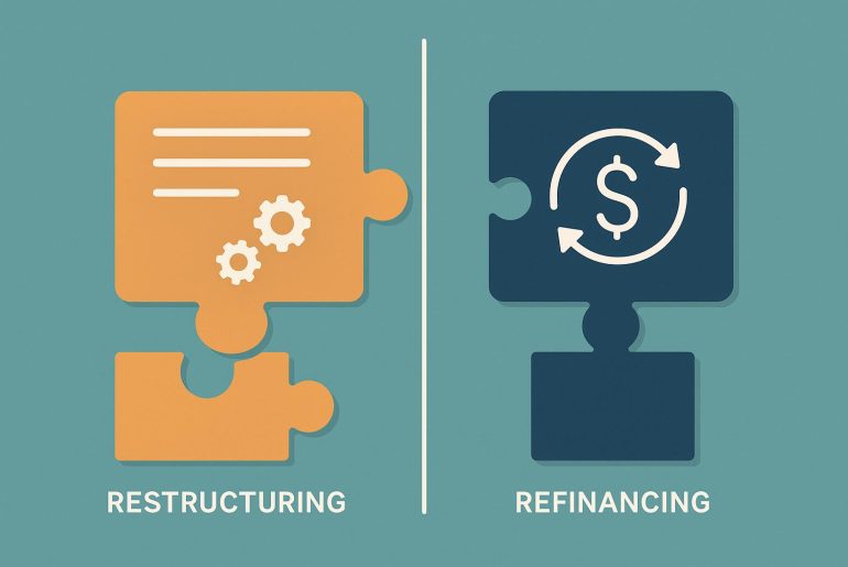 Business restructuring vs refinancing concept with financial charts and balance sheets comparison