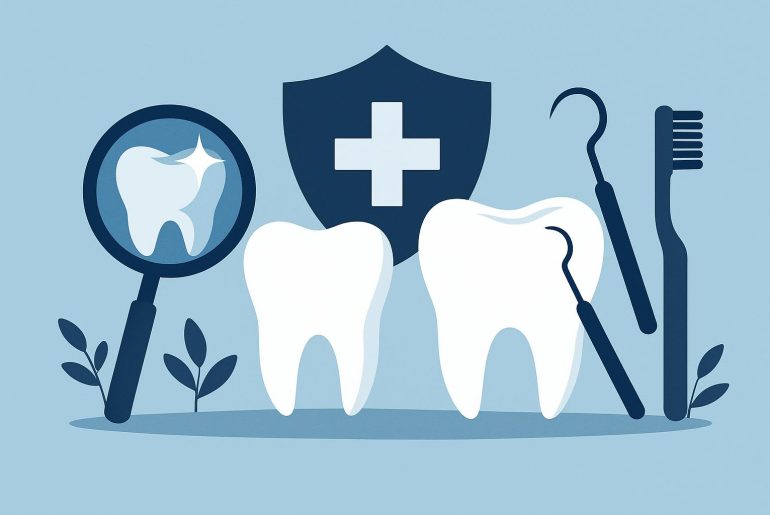 Cosmetic dental tools and healthy teeth illustrating synergy between cosmetic and preventive care