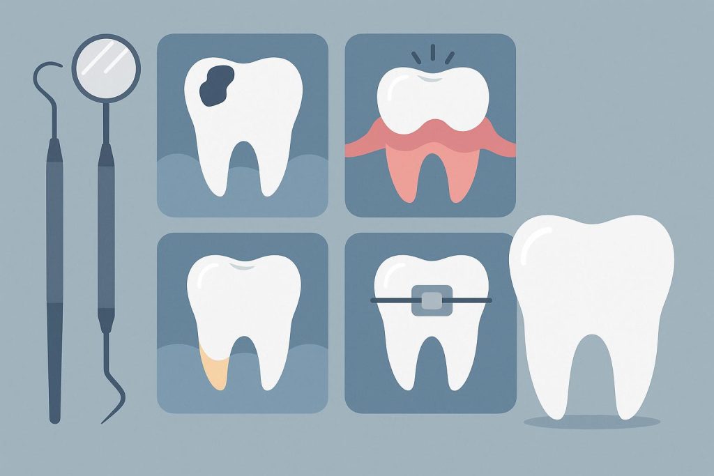 Dental tools and healthy teeth highlighting prevention of common oral health issues in families