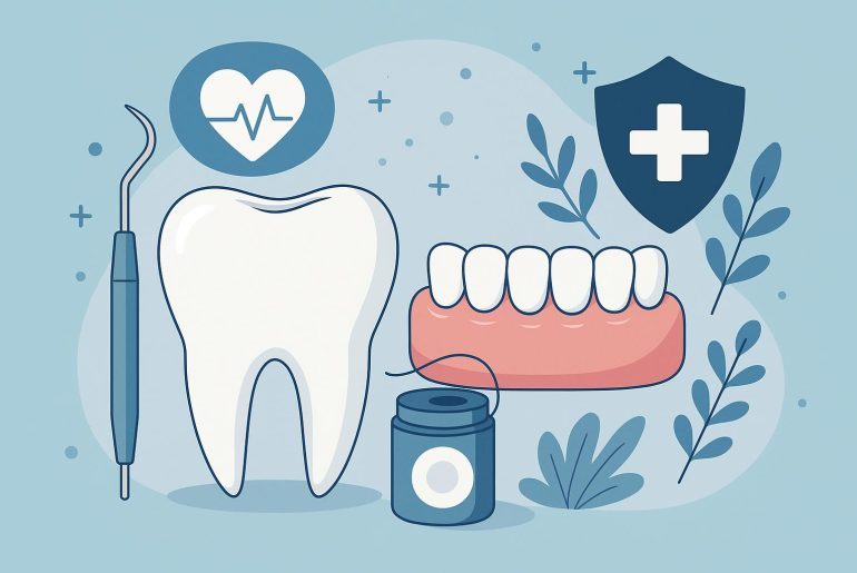 Dental tools and toothbrush near sparkling clean teeth promoting benefits of regular cleanings