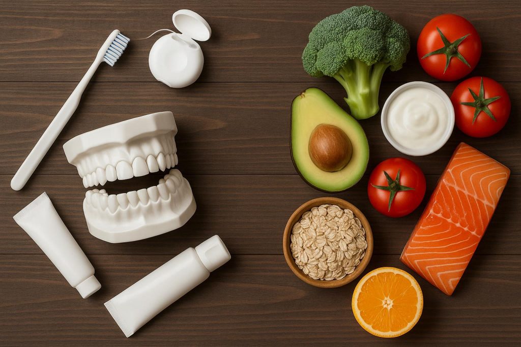 Healthy foods and dental tools highlighting the connection between nutrition and family oral health