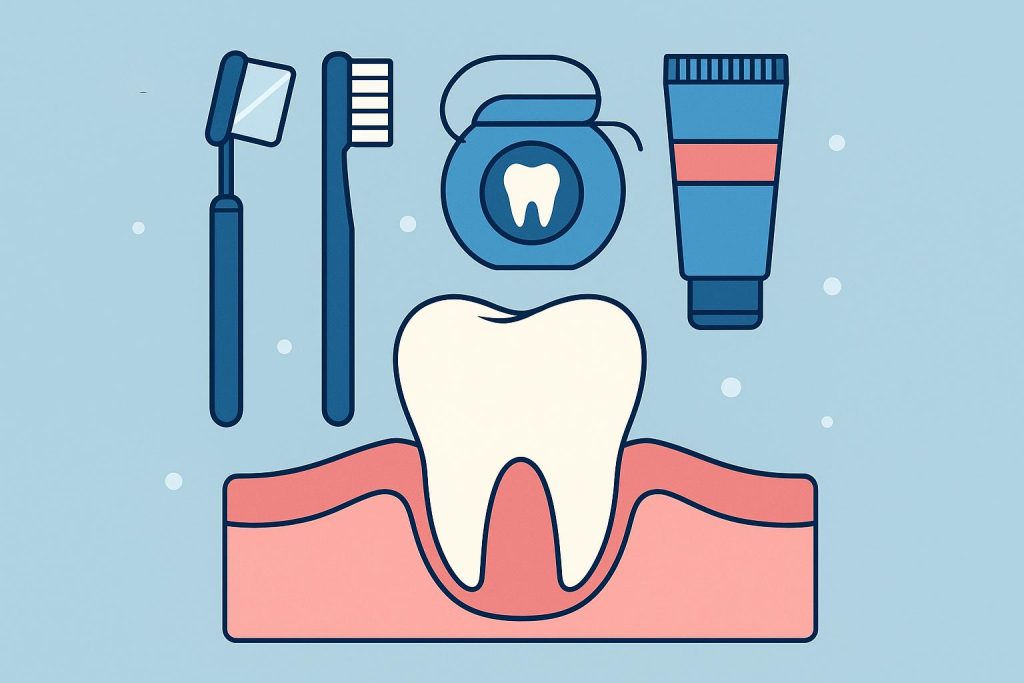 Dental checkup tools and healthy teeth illustrating preventive dentistry for all ages