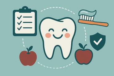 Pediatric dentist teaching parent and child proper oral hygiene techniques in a dental office