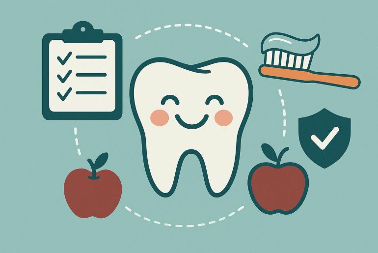 Pediatric dentist teaching parent and child proper oral hygiene techniques in a dental office