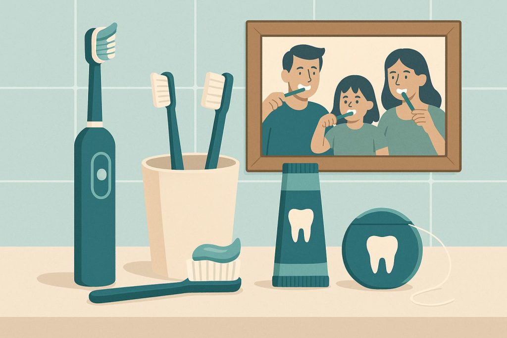 Dental tools and toothbrushes arranged on a bathroom counter promoting family dental care routines