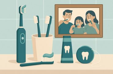 Dental tools and toothbrushes arranged on a bathroom counter promoting family dental care routines
