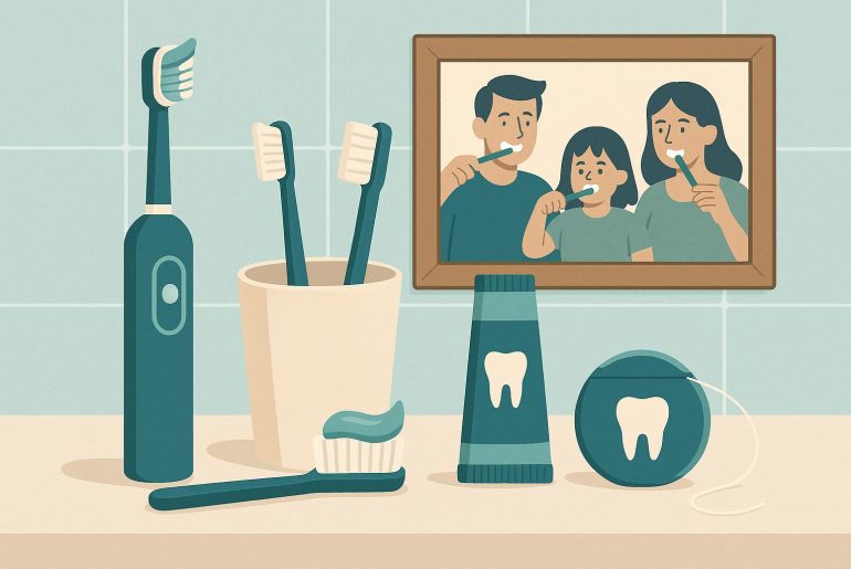 Dental tools and toothbrushes arranged on a bathroom counter promoting family dental care routines