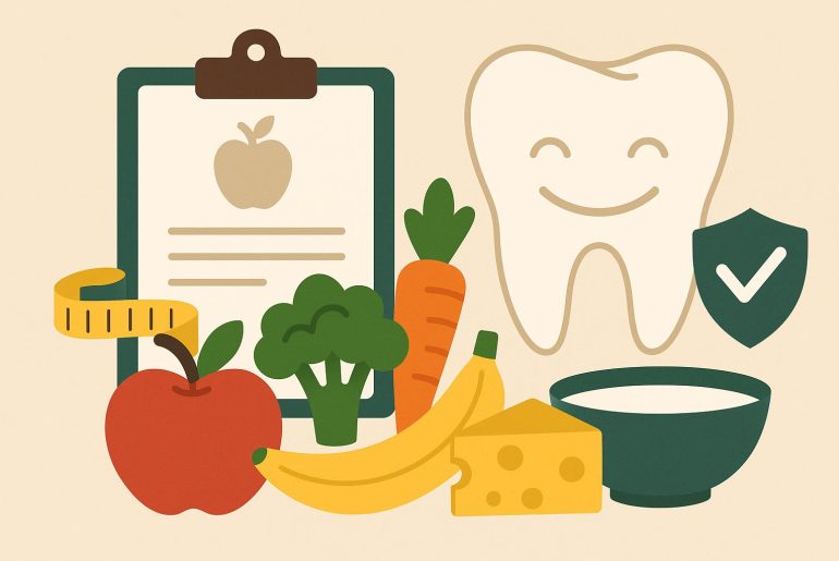 Healthy foods and dental care products arranged to promote family oral health and nutrition counseling