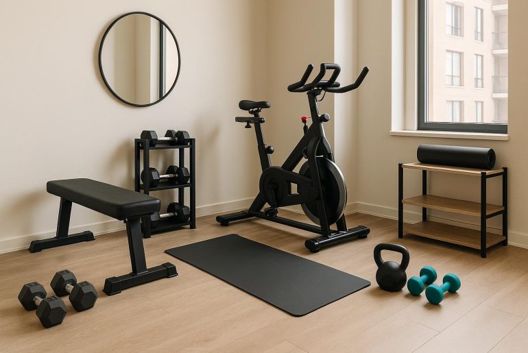 Compact condo home gym setup with space-saving fitness equipment and minimalistic design