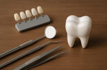 Dental examination tools and healthy teeth illustrating general dentistry’s role in cosmetic outcomes