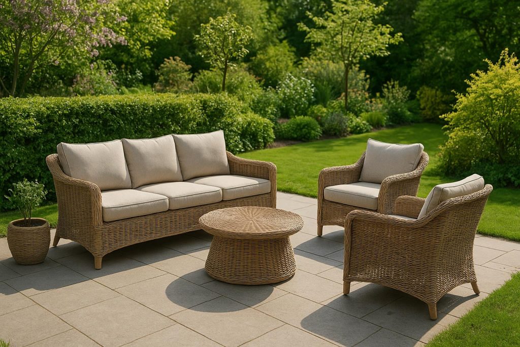 Modern outdoor garden furniture set arranged on a patio surrounded by lush green plants