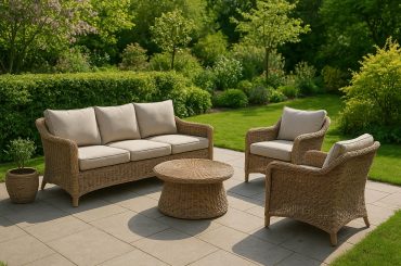 Modern outdoor garden furniture set arranged on a patio surrounded by lush green plants