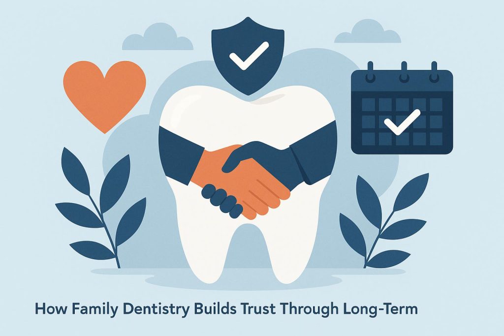 Family dentist consulting with child patient, illustrating trust and long-term dental care