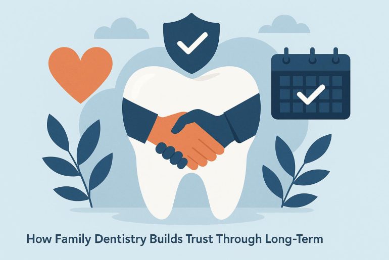 Family dentist consulting with child patient, illustrating trust and long-term dental care