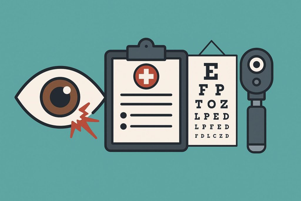 Ophthalmologist examining injured eye with specialized equipment in emergency care setting