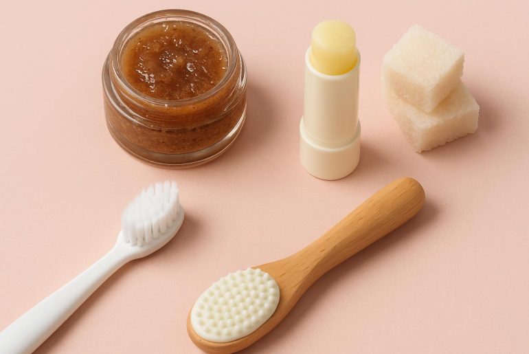 Close-up of smooth, moisturized lips with exfoliating scrub and natural lip care products nearby