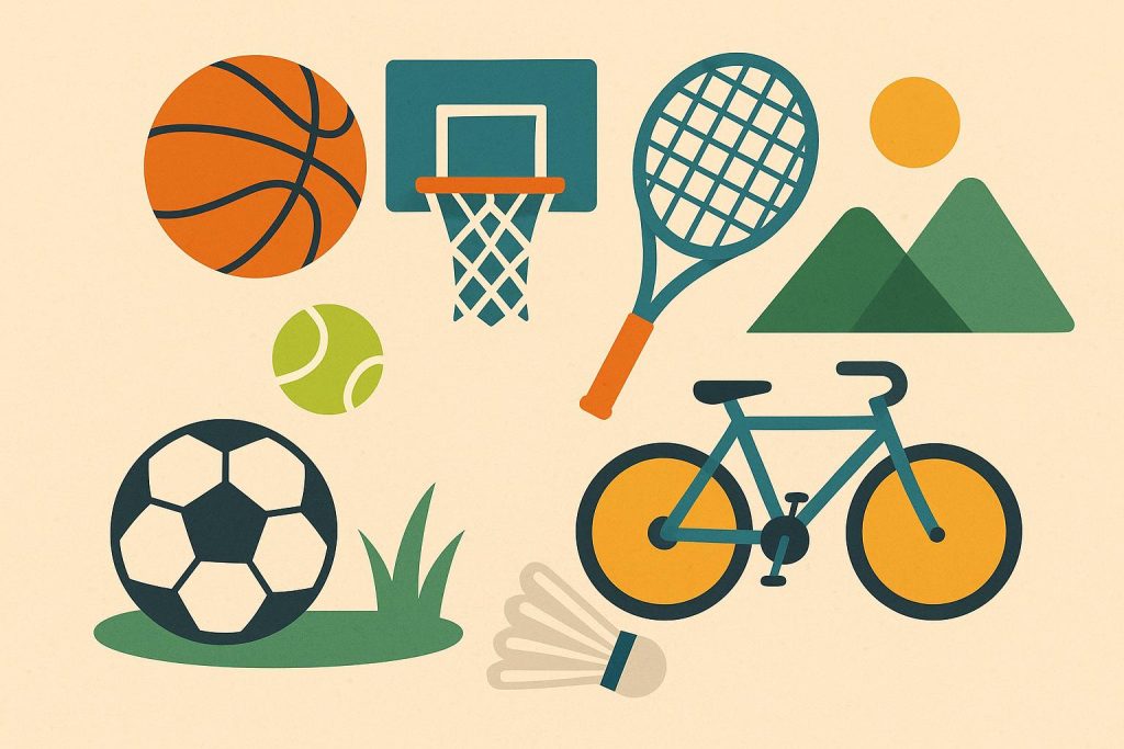 Various sports equipment including a basketball, tennis racket, football, and running shoes on grass