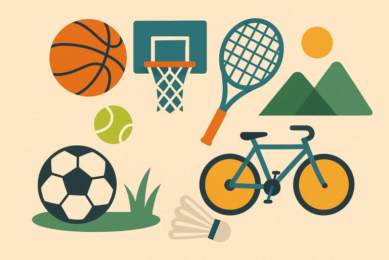 Various sports equipment including a basketball, tennis racket, football, and running shoes on grass