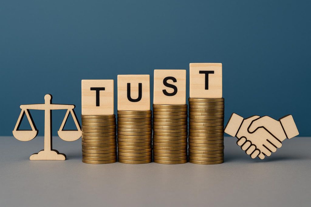 Accounting firm professionals collaborating to establish trust with stakeholders in a modern office