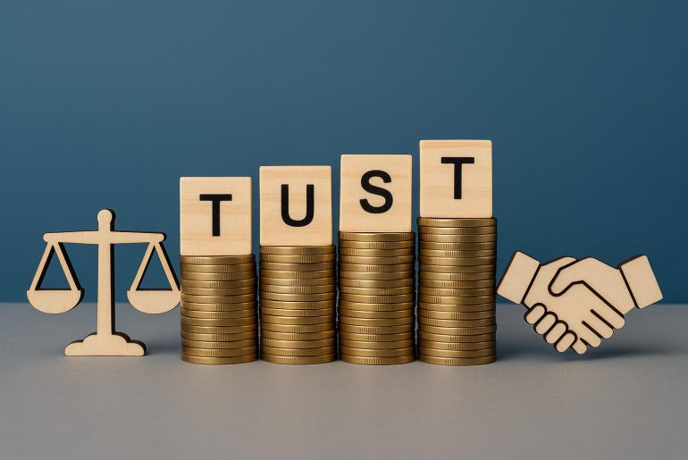 Accounting firm professionals collaborating to establish trust with stakeholders in a modern office
