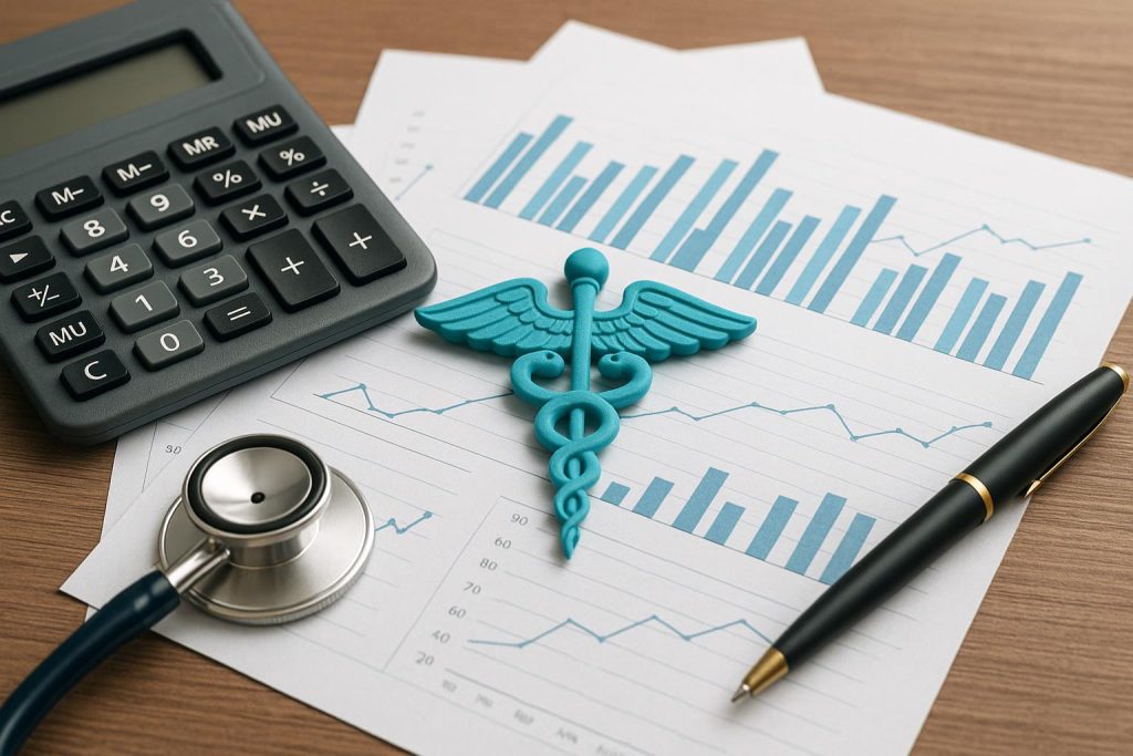 Professional accountant analyzing healthcare financial reports with calculator and medical chart
