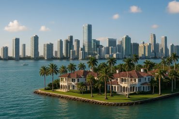 Aerial view of upscale waterfront homes and skyscrapers in Miami’s luxury real estate market