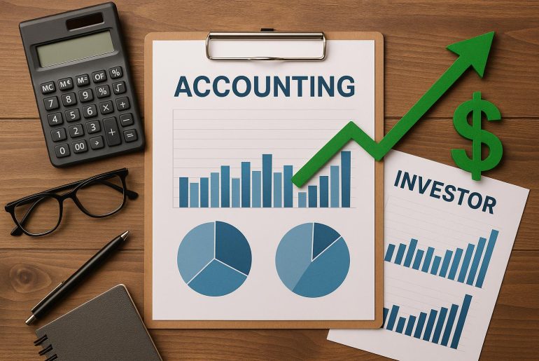 Modern accounting firm office with financial charts, highlighting role in investor relations