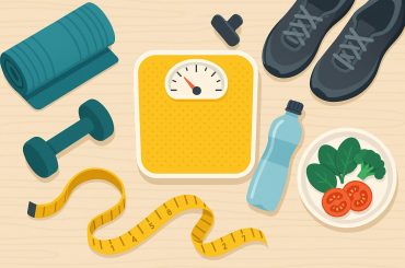 Healthy salad bowl, dumbbells, and measuring tape promoting effective weight loss tips
