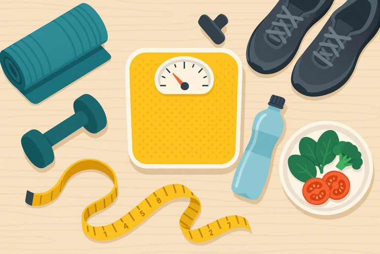Healthy salad bowl, dumbbells, and measuring tape promoting effective weight loss tips