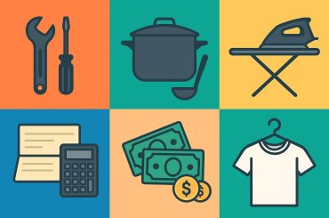 Icons representing cooking, budgeting, communication, time management, self-care, and problem-solving