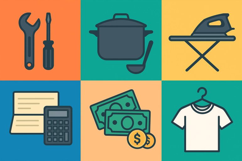 Icons representing cooking, budgeting, communication, time management, self-care, and problem-solving