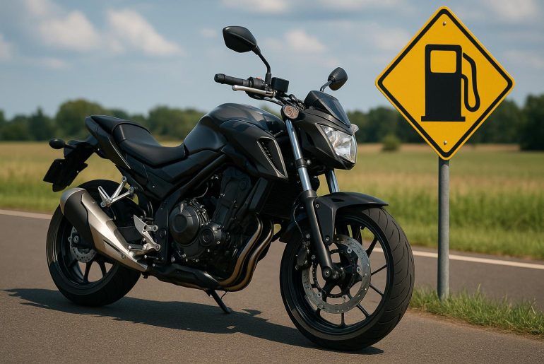 Sport motorcycle on highway illustrating the impact of riding style on fuel efficiency.