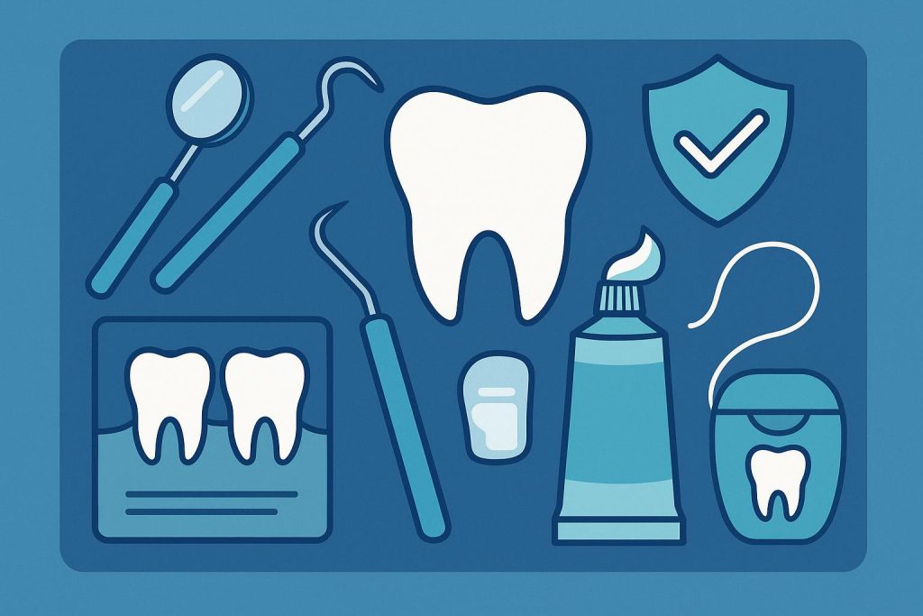 Dental hygiene tools and preventive care products promoting strong household oral health