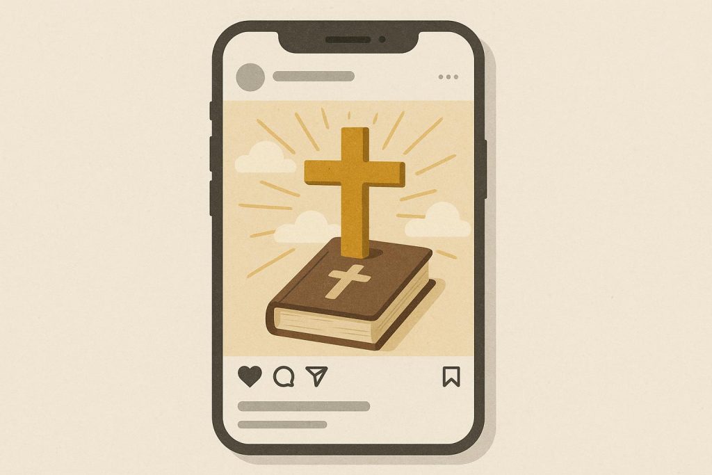 Social media icons intertwined with religious symbols reflecting digital influence on faith.