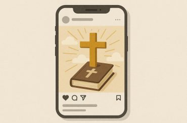 Social media icons intertwined with religious symbols reflecting digital influence on faith.