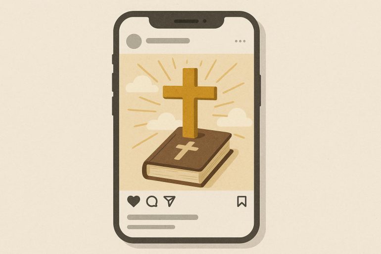 Social media icons intertwined with religious symbols reflecting digital influence on faith.