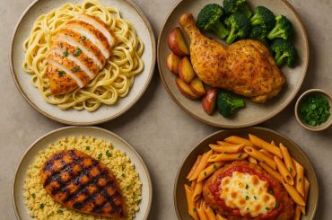 Grilled, baked, and stir-fried chicken dishes with fresh vegetables and herbs on plates