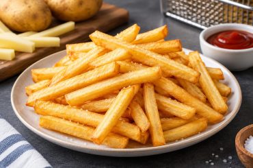 Golden straight-cut French fries arranged on a plate, crispy and ready to serve